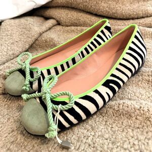 Pretty Ballerinas Zebra Stripe Flats with Lime Trim and Mint Bow